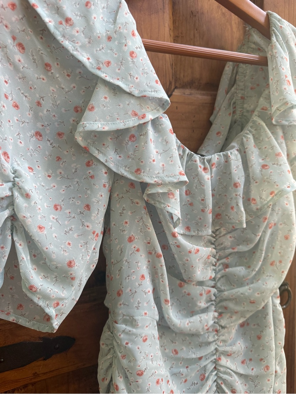 Astr Light Blue Floral Ruffle Ruched Midi Dress - Picture 3 of 4